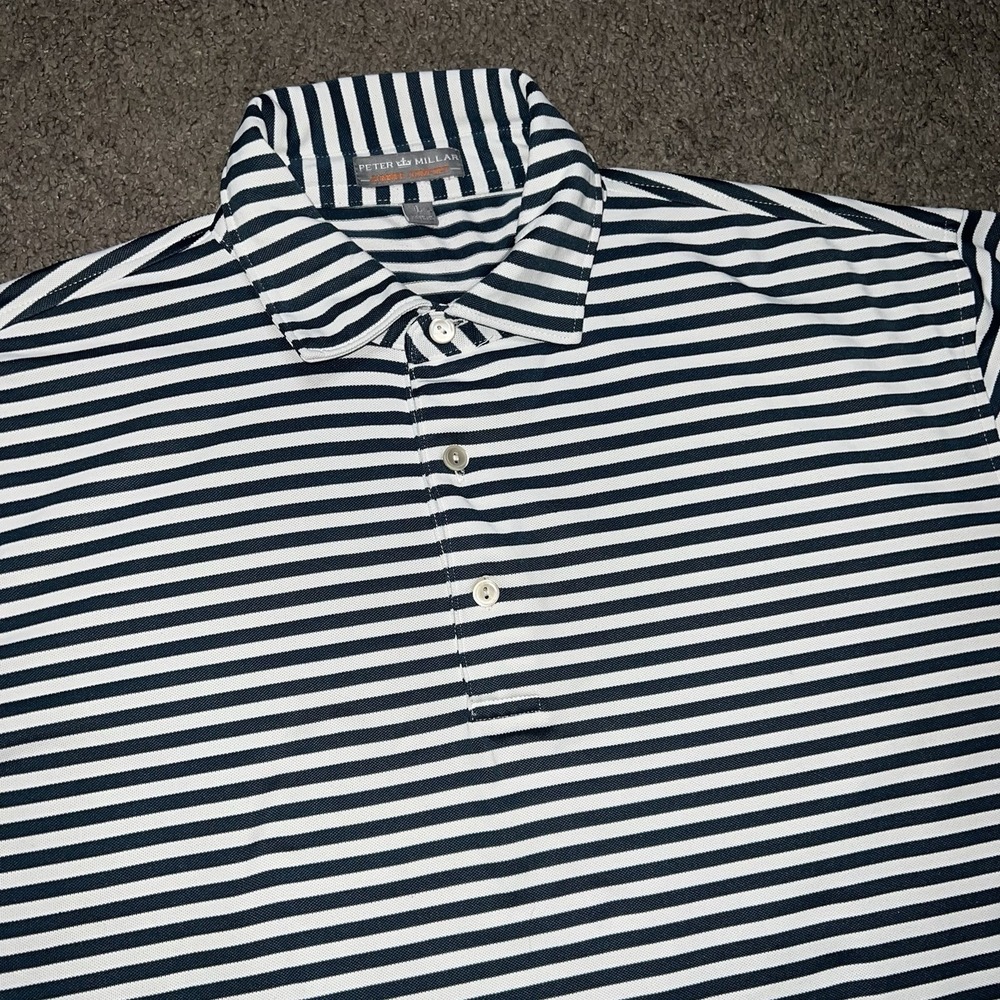 Peter Millar Summer Comfort Men's Navy White Striped Short Sleeve Polo Size L